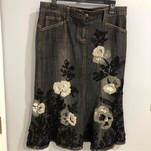 Y2K Cache Embellished Skirt Black Denim Size 8 Lace Sequin Floral